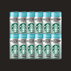 Neatly arranged pack of twelve Starbucks DoubleShot Espresso No Added Sugar cans on countertop

