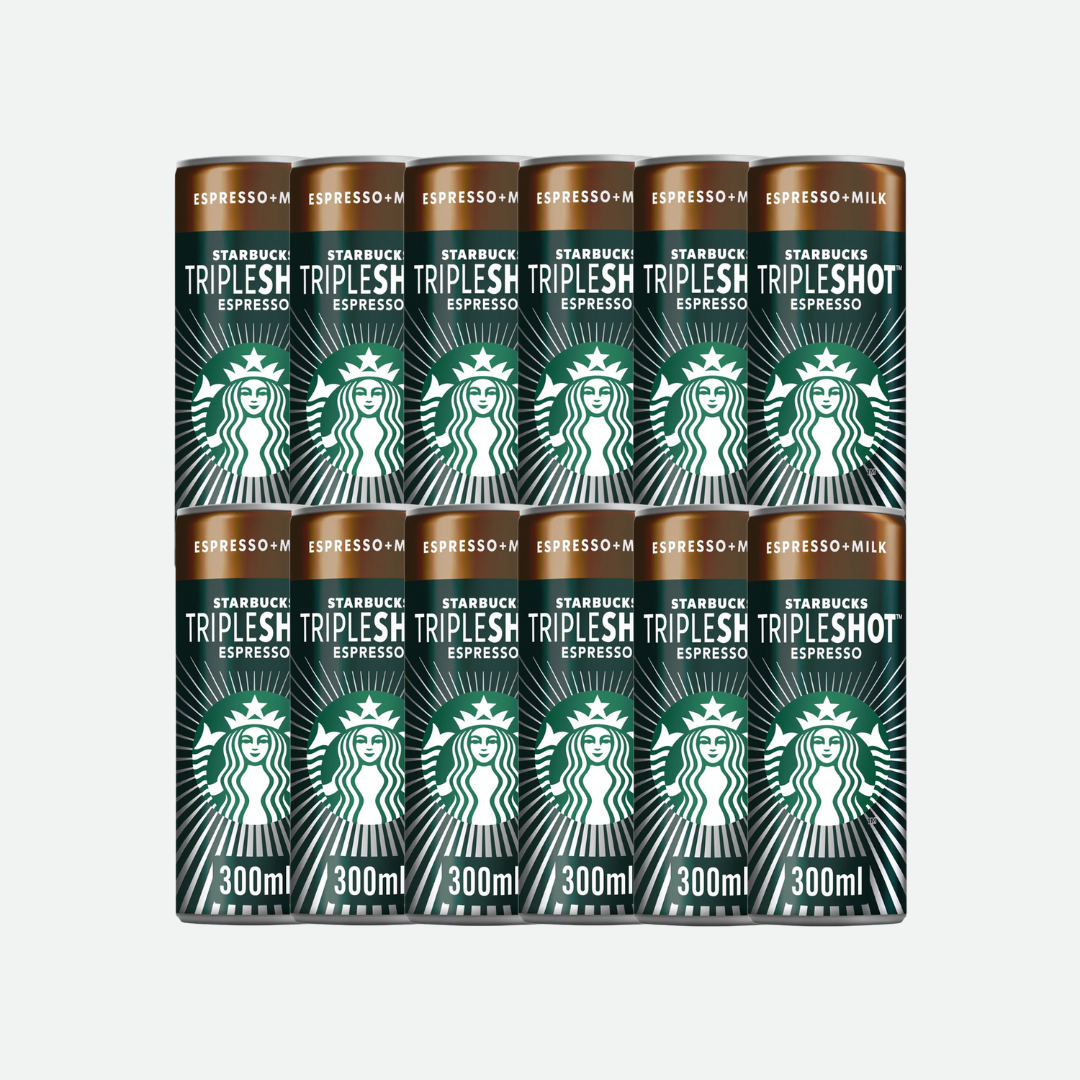 Row of 12 Starbucks Tripleshot Espresso cans stacked on a kitchen counter
