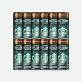 Row of 12 Starbucks Tripleshot Espresso cans stacked on a kitchen counter