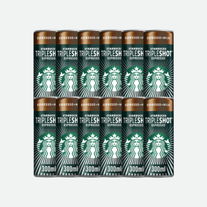 Row of 12 Starbucks Tripleshot Espresso cans stacked on a kitchen counter