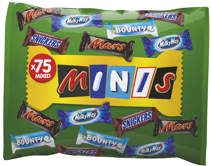 Close-up of assorted Mars Minis 75-pack (1500 g) with individually wrapped Mars, Milky Way, Snickers, Bounty and Twix pieces for sharing