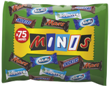 Close-up of assorted Mars Minis 75-pack (1500 g) with individually wrapped Mars, Milky Way, Snickers, Bounty and Twix pieces for sharing