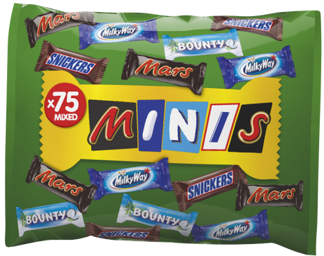 Close-up of assorted Mars Minis 75-pack (1500 g) with individually wrapped Mars, Milky Way, Snickers, Bounty and Twix pieces for sharing
