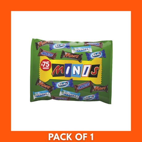 Bulk 75-count Mars Minis mixed chocolates (1500 g) showing Mars, Milky Way, Snickers, Bounty and Twix mini bars in assorted wrappers