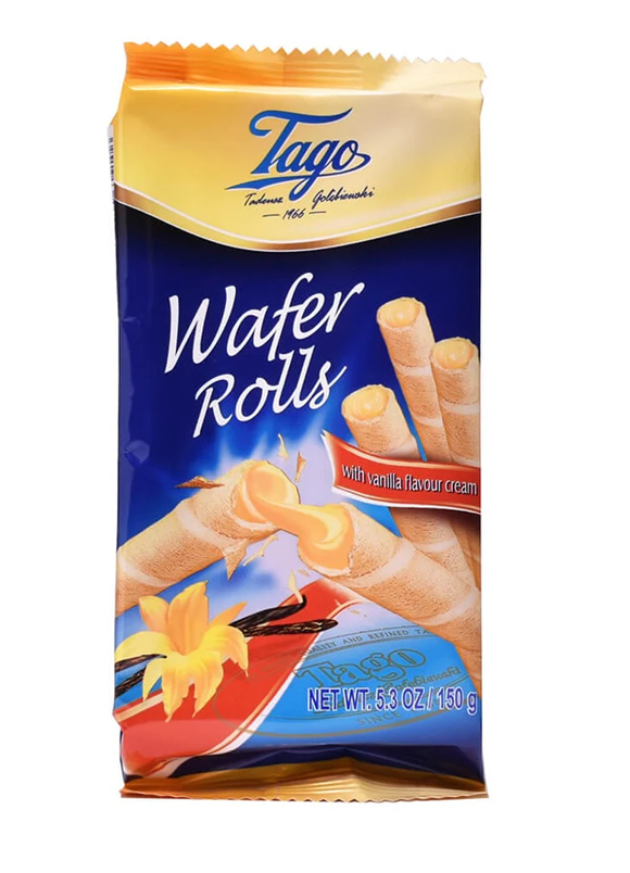 Package of Tago Vanilla Wafers 150g x1 — sealed snack pack with picture of crunchy vanilla wafers, ideal for snacking