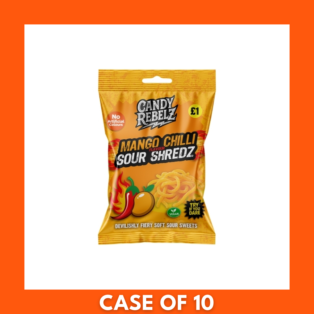 Pack of CandyRebelz Mango Chilli Sour Shredz (10 x 120g) — stacked yellow-orange multipack showing brand logo and spicy mango shredded sour candy.