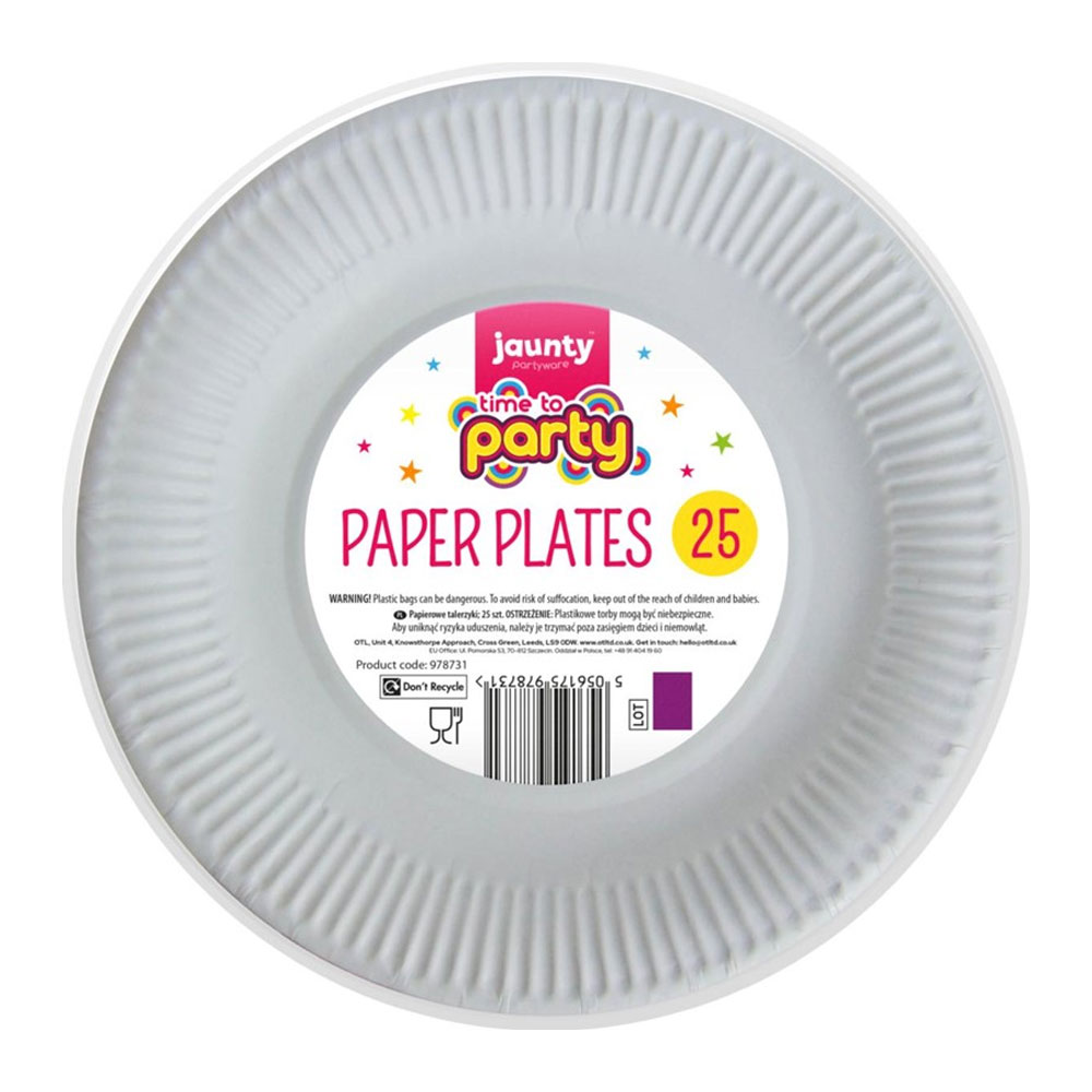 Jaunty Partyware White Paper Plates 25pk 9''