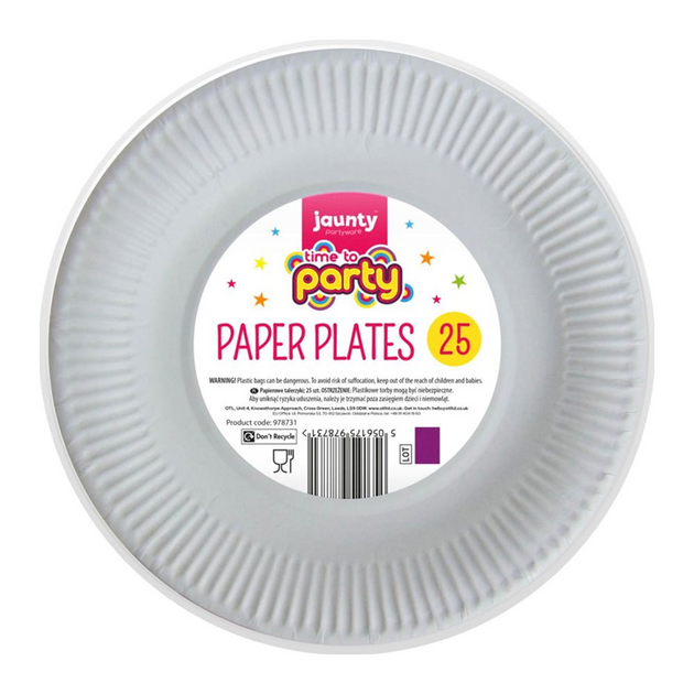 Jaunty Partyware White Paper Plates 25pk 9''