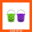 Pack of 24 Halloween pumpkin treat buckets in random assorted colours — purple, green and some orange — small plastic jack-o'-lanterns with black carved faces and handles for trick-or-treating or party favors.