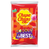 Bulk pack of Chupa Chups The Best of Bag containing 120 assorted-flavor lollipops in bright wrappers and white sticks, ideal for parties