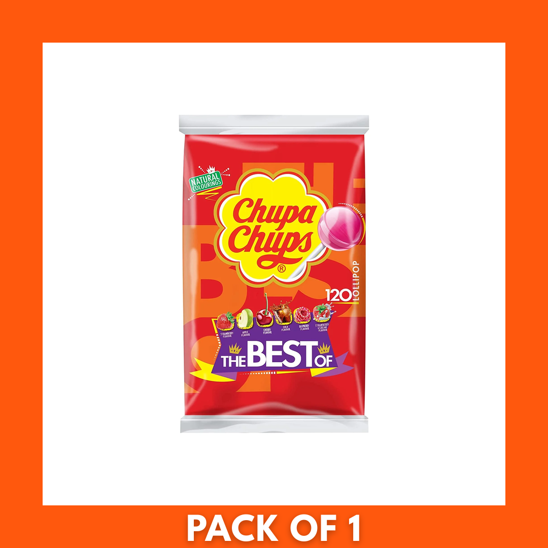 Chupa Chups The Best of Bag x1 — clear resealable pack showing 120 colorful, individually wrapped lollipops with brand logo visible