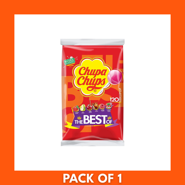Chupa Chups The Best of Bag x1 — clear resealable pack showing 120 colorful, individually wrapped lollipops with brand logo visible