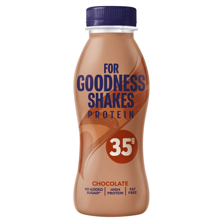 Close-up of a single 330ml For Goodness Shakes Chocolate bottle beside the 8-pack box highlighting the label and chocolate flavor