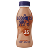 Close-up of a single 330ml For Goodness Shakes Chocolate bottle beside the 8-pack box highlighting the label and chocolate flavor