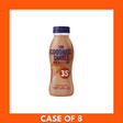Boxed 8-pack of For Goodness Shakes Chocolate 330ml bottles showing the product branding and chocolate-colored labels