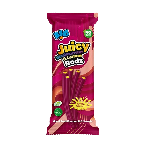 Close-up of a single 150g Big Juicy Blackcurrant & Lemon Liquorice Rodz pouch with several blackcurrant-and-lemon flavored liquorice rods displayed in front