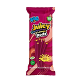 Close-up of a single 150g Big Juicy Blackcurrant & Lemon Liquorice Rodz pouch with several blackcurrant-and-lemon flavored liquorice rods displayed in front