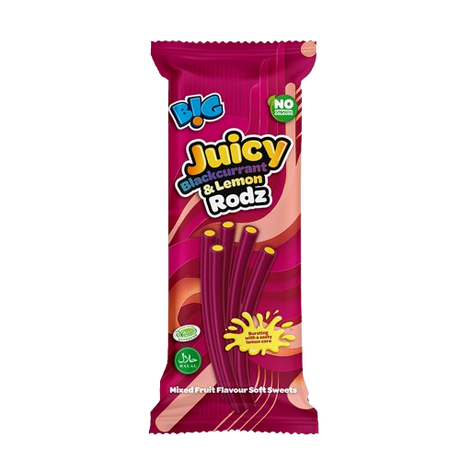 Close-up of a single 150g Big Juicy Blackcurrant & Lemon Liquorice Rodz pouch with several blackcurrant-and-lemon flavored liquorice rods displayed in front