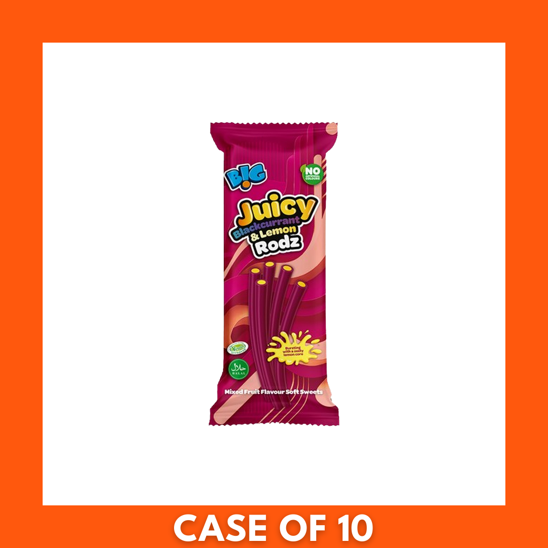 10-pack of Big Juicy Blackcurrant & Lemon Liquorice Rodz (10 x 150g) — stacked purple and yellow pouches showing the brand logo and fruit illustrations
