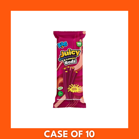 10-pack of Big Juicy Blackcurrant & Lemon Liquorice Rodz (10 x 150g) — stacked purple and yellow pouches showing the brand logo and fruit illustrations
