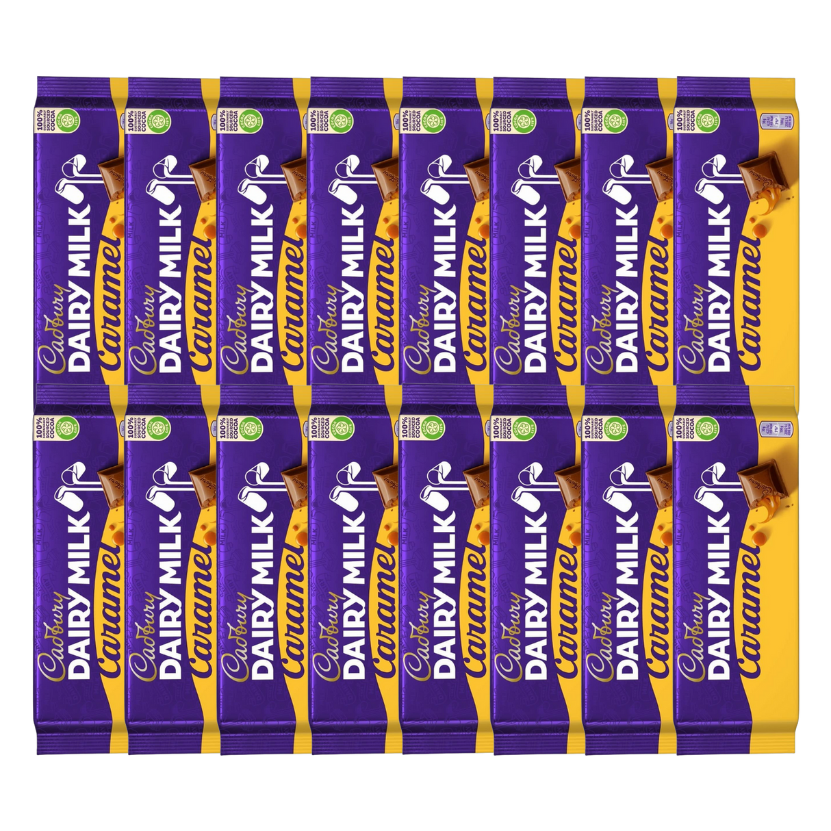 A Dairy Milk Caramel Chocolate Bar unwrapped, showing its smooth milk chocolate shell.