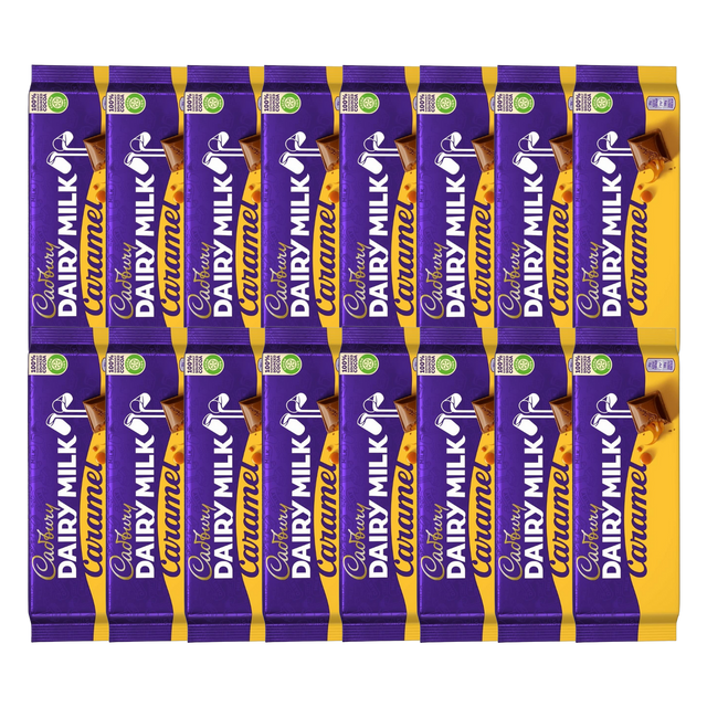 A Dairy Milk Caramel Chocolate Bar unwrapped, showing its smooth milk chocolate shell.