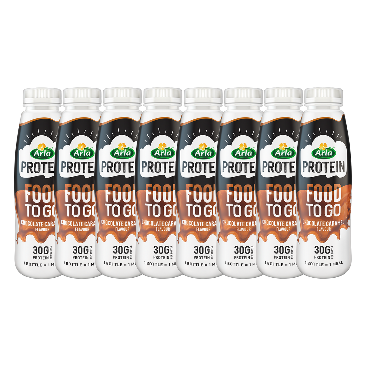 A bottle of Arla Protein Chocolate Caramel shake, highlighting its high-protein content.