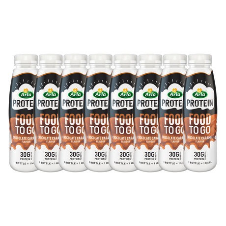 A bottle of Arla Protein Chocolate Caramel shake, highlighting its high-protein content.