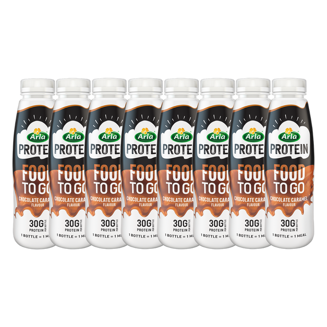 A bottle of Arla Protein Chocolate Caramel shake, highlighting its high-protein content.