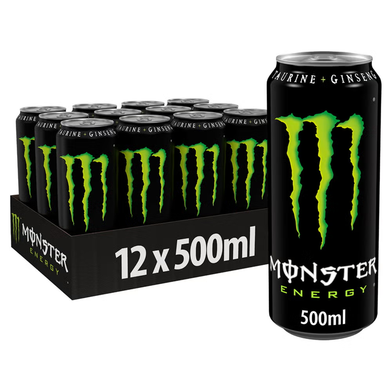 Twelve 500ml Monster Original aluminum cans displayed in two rows; black cans with neon green “M” claw logo and silver tops