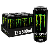Twelve 500ml Monster Original aluminum cans displayed in two rows; black cans with neon green “M” claw logo and silver tops