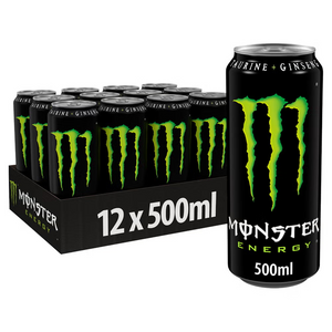Twelve 500ml Monster Original aluminum cans displayed in two rows; black cans with neon green “M” claw logo and silver tops