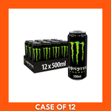 Pack of 12 Monster Original energy drink cans, 500ml each — black cans with bright green claw logo in a cardboard case