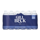 Close-up of a single 500ml GillBeck Natural Spring Water bottle with label and screw cap, sold as part of a 24-bottle multipack