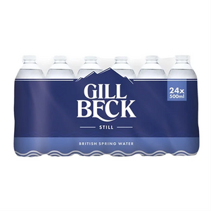 Close-up of a single 500ml GillBeck Natural Spring Water bottle with label and screw cap, sold as part of a 24-bottle multipack