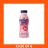 For Goodness Shakes Strawberry 330ml — pack of 8 ready-to-drink strawberry milkshake bottles with branded labels and white caps