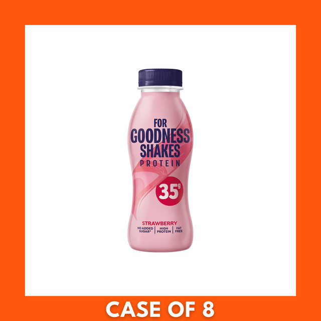 For Goodness Shakes Strawberry 330ml — pack of 8 ready-to-drink strawberry milkshake bottles with branded labels and white caps
