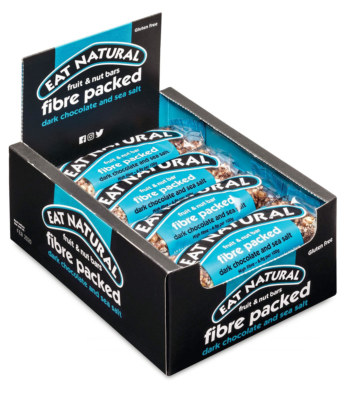 Close-up of a Fibre Packed Dark Chocolate & Sea Salt bar showing sea salt crystals on the dark chocolate, with the 12-pack box visible in the background.