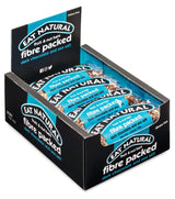 Close-up of a Fibre Packed Dark Chocolate & Sea Salt bar showing sea salt crystals on the dark chocolate, with the 12-pack box visible in the background.