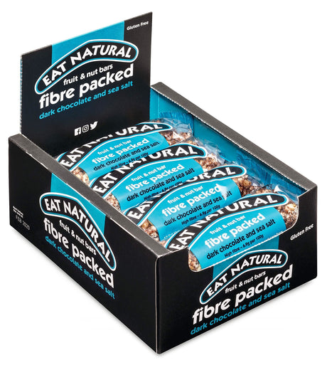 Close-up of a Fibre Packed Dark Chocolate & Sea Salt bar showing sea salt crystals on the dark chocolate, with the 12-pack box visible in the background.