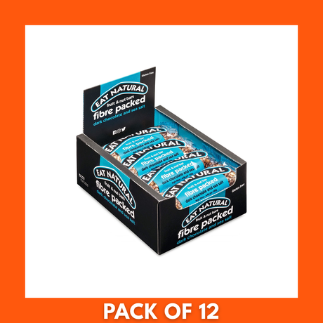 Box of 12 Fibre Packed Dark Chocolate & Sea Salt bars — individually wrapped dark chocolate squares topped with sea salt flakes.