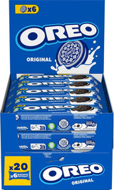 Twenty 66g single-serve Oreo Original snack packs fanned out (multipack 20 x 66g), highlighting blue packaging, Oreo logo and chocolate sandwich cookies with white cream filling.