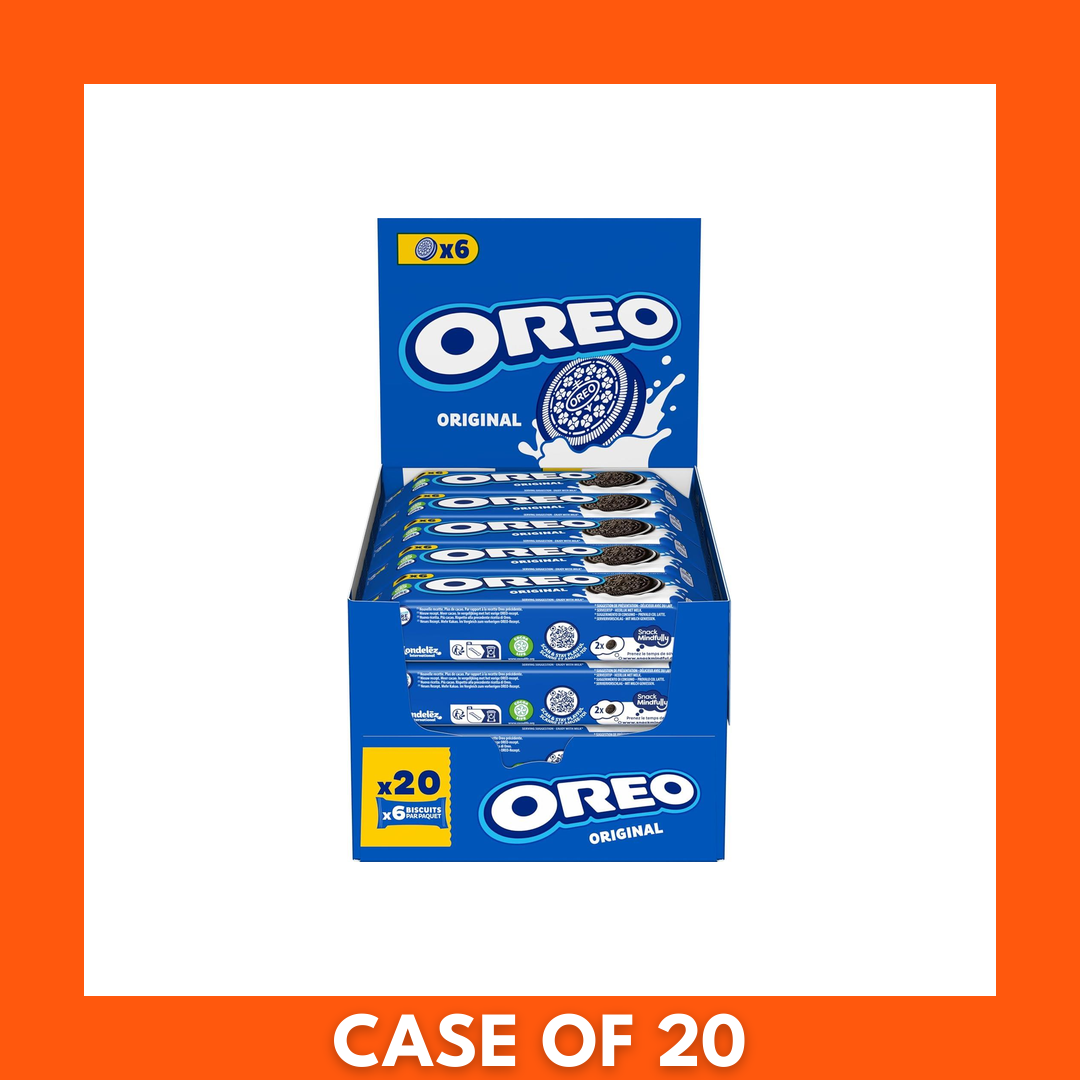 Oreo Original Cookies multipack box showing 20 individual 66g packs (20 x 66g); blue-branded wrappers with the Oreo logo and image of chocolate sandwich cookies.