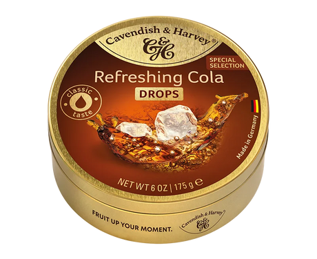 175g pack of Cavendish & Harvey Hard Candy Drops, Refreshing Cola — sealed package showing brand and flavor label
