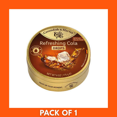 Cavendish & Harvey Hard Candy Drops Refreshing Cola — 175g pack with brand name and flavor on the packaging