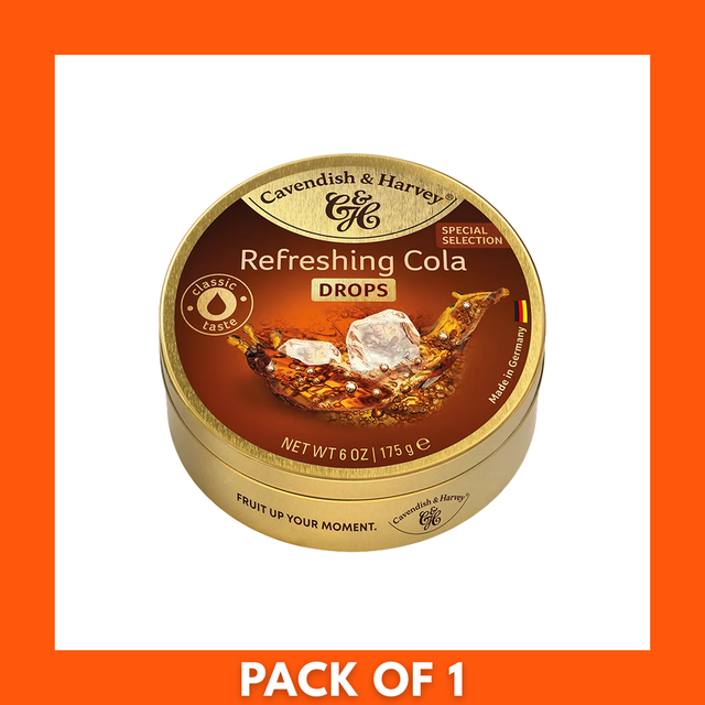 Cavendish & Harvey Hard Candy Drops Refreshing Cola — 175g pack with brand name and flavor on the packaging