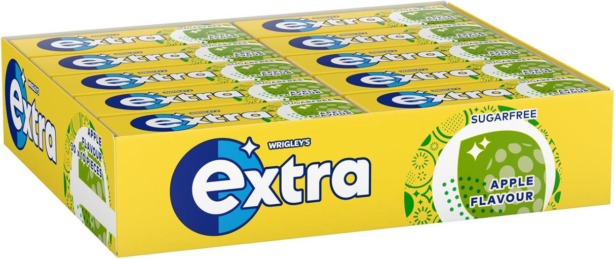 Pack of Extra Apple gum 30 x 10pcs, 30 small 10-piece packs of apple-flavored chewing gum in branded wrappers for retail or bulk purchase