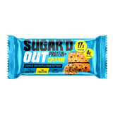 Unwrapped Sugar'D Out Cookie Dough Protein + Creatine Oat Bar (68g) on a white background with visible oat texture and cookie-dough pieces, wrapper from the 12-pack placed beside the bar