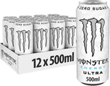 Open carton displaying twelve 500ml Monster Ultra White cans, white matte finish with black and silver claw emblem, 12‑pack