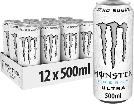 Open carton displaying twelve 500ml Monster Ultra White cans, white matte finish with black and silver claw emblem, 12‑pack